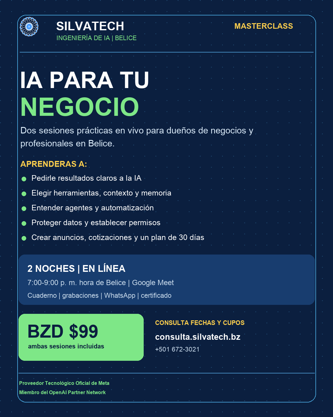 Taller IA para tu negocio por Silvatech - BZD 99 por dos sesiones nocturnas en línea